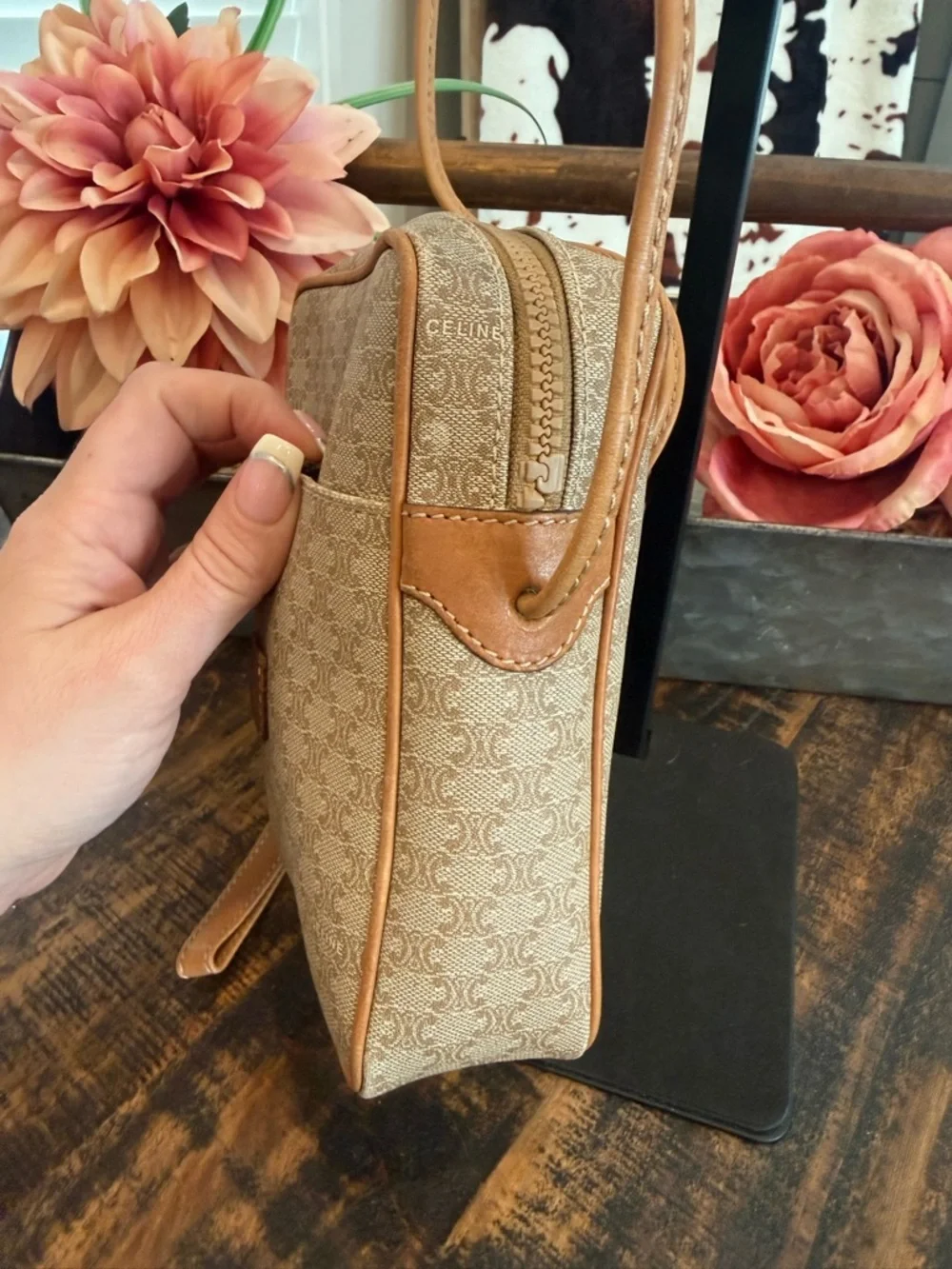 Celine Authentic Beige Crossbody Bag with Tan Leather Trim - Picture 9 of 15